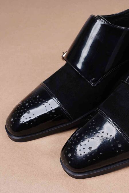 Lovey_Black Buckles Thomas Brogue Pattern Monk Straps _Online_at_Aza_Fashions