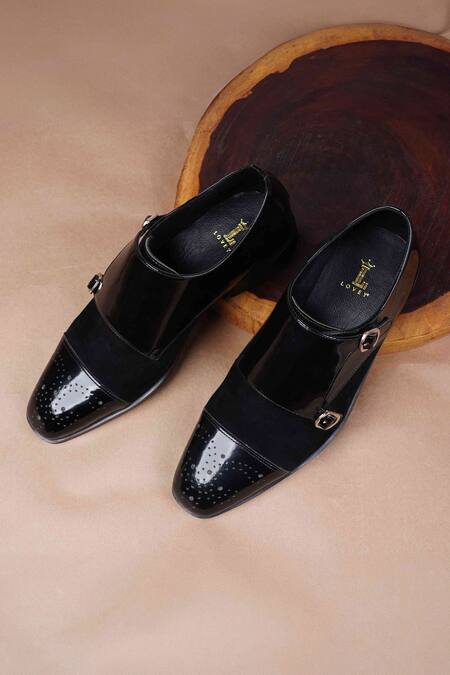 Buy_Lovey_Black Buckles Thomas Brogue Pattern Monk Straps _Online_at_Aza_Fashions
