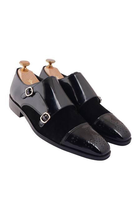 Shop_Lovey_Black Buckles Thomas Brogue Pattern Monk Straps _Online_at_Aza_Fashions