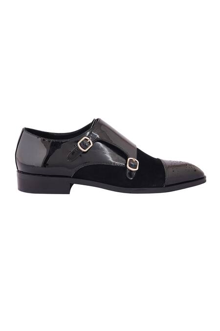 Lovey_Black Buckles Thomas Brogue Pattern Monk Straps _at_Aza_Fashions