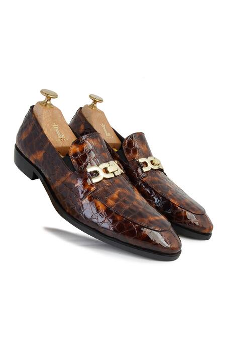 Shop_Lovey_Brown Morgan Textured Pattern Slip On Shoes _at_Aza_Fashions
