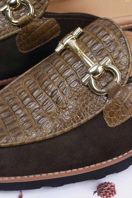 Lovey_Green Croco Leather Textured Mules _Online_at_Aza_Fashions