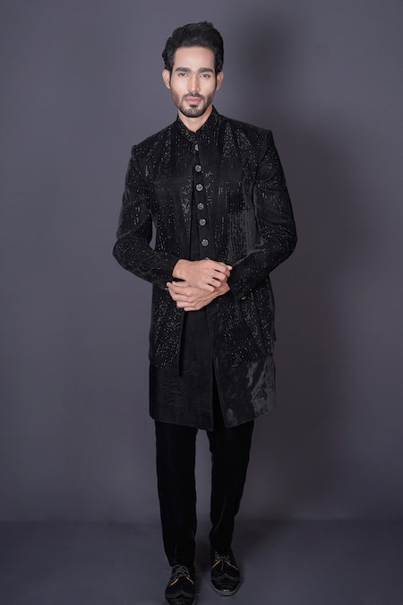 Archana Kochhar Black Velvet Hand Embroidered Sequins Jacket And Sherwani Set 