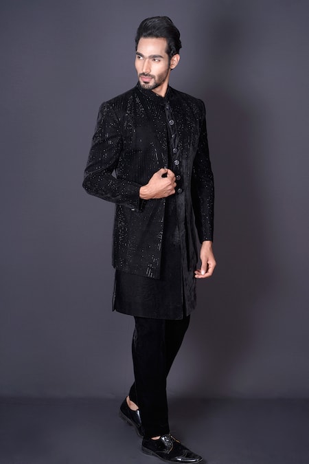 Buy_Archana Kochhar_Black Velvet Cut Work, Sequins, Stones Hand Embroidered Jacket And Sherwani Set _Online_at_Aza_Fashions