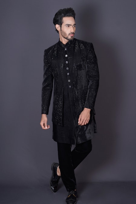 Shop_Archana Kochhar_Black Velvet Cut Work, Sequins, Stones Hand Embroidered Jacket And Sherwani Set _Online_at_Aza_Fashions