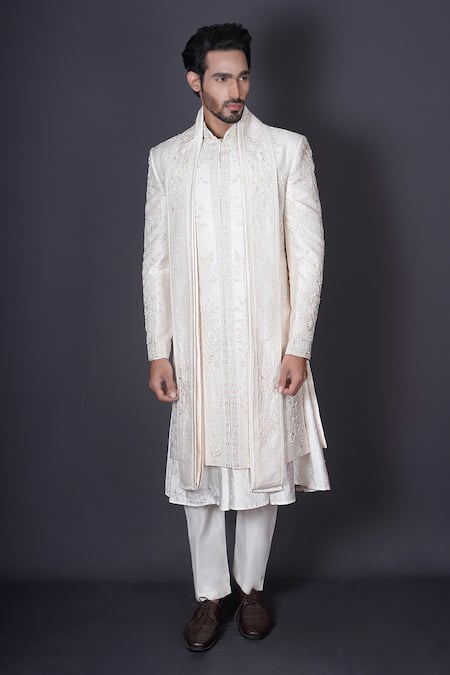 Buy Archana Kochhar Ivory Silk Sequins, Beads, Stones, Cut Floral Embroidered Sherwani Kurta Set Online at Aza Fashions Buy_Archana Kochhar_Ivory Silk Sequins, Beads, Stones, Cut Floral Embroidered Sherwani Kurta Set _Online_at_Aza_Fashions