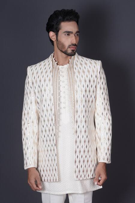 Archana Kochhar Ivory Georgette, Silk, Cotton Gota Patti, Embroidered Kurta Set With Jacket Online at Aza Fashions Archana Kochhar_Ivory Georgette, Silk, Cotton Gota Patti, Embroidered Kurta Set With Jacket _Online_at_Aza_Fashions