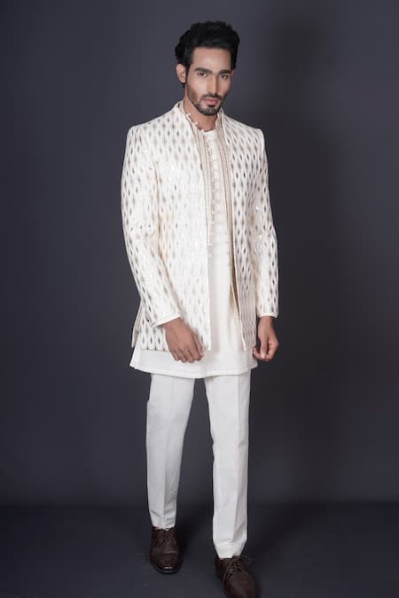 Shop Archana Kochhar Ivory Georgette, Silk, Cotton Gota Patti, Embroidered Kurta Set With Jacket Online at Aza Fashions Shop_Archana Kochhar_Ivory Georgette, Silk, Cotton Gota Patti, Embroidered Kurta Set With Jacket _Online_at_Aza_Fashions