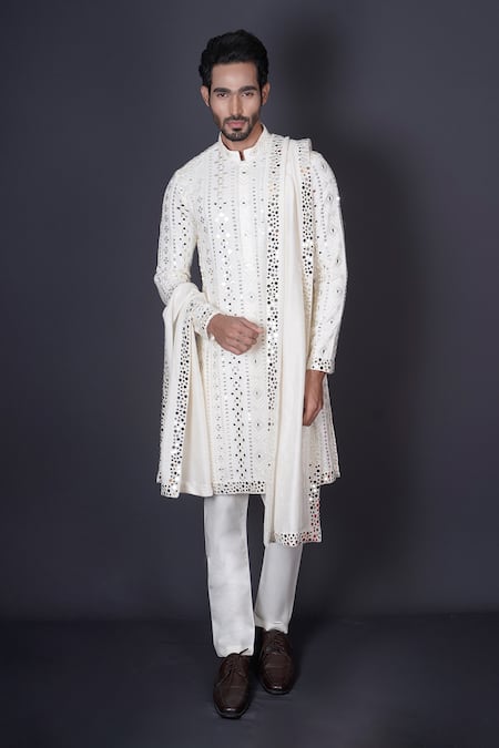 Archana Kochhar_Ivory Georgette, Silk, Cotton Embroidery, Mirrors Kurta Set _Online_at_Aza_Fashions