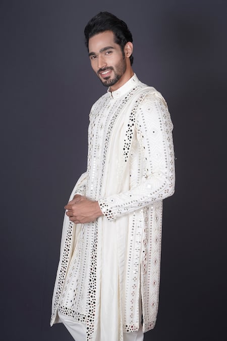 Buy_Archana Kochhar_Ivory Georgette, Silk, Cotton Embroidery, Mirrors Kurta Set _Online_at_Aza_Fashions