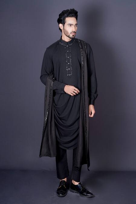 Shop Archana Kochhar Black Lycra, Silk, Cotton Embroidery, Mirrors Work Cowl Kurta Set Online at Aza Fashions Shop_Archana Kochhar_Black Lycra, Silk, Cotton Embroidery, Mirrors Work Cowl Kurta Set _Online_at_Aza_Fashions