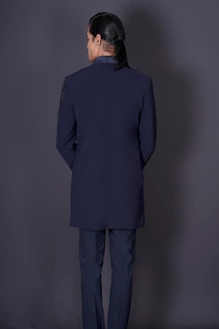 Shop_Archana Kochhar_Blue Satin Embroidery Asymmetric Drape Bandhgala Pant Set _at_Aza_Fashions