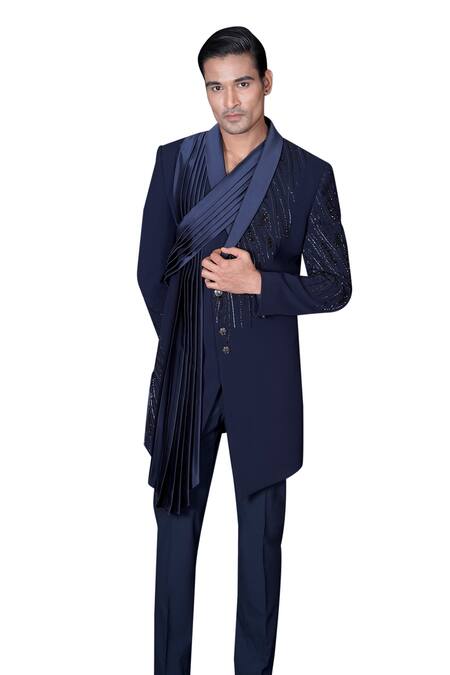 Archana Kochhar_Blue Satin Embroidery Asymmetric Drape Bandhgala Pant Set _Online_at_Aza_Fashions