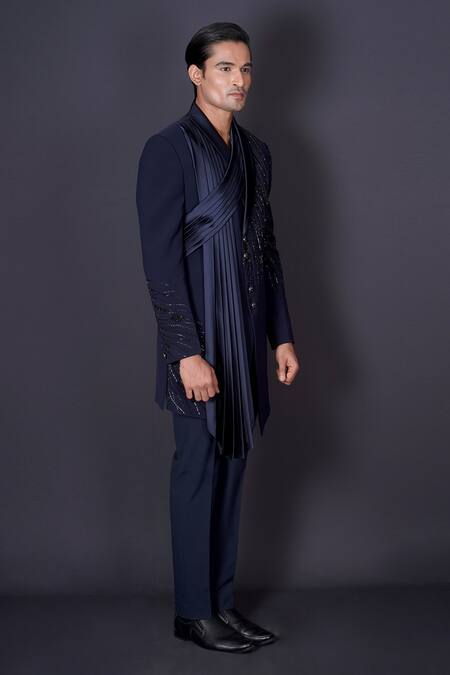 Shop_Archana Kochhar_Blue Satin Embroidery Asymmetric Drape Bandhgala Pant Set _Online_at_Aza_Fashions