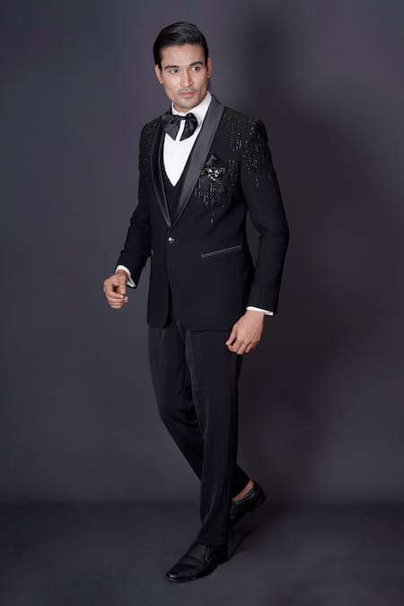 Archana Kochhar Black Italian Suiting Fabric Hand Embroidered Stones Tuxedo Set 