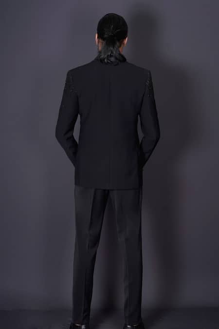 Shop_Archana Kochhar_Black Wool, Silk, Cotton Beads, Cut Work, Stones Hand Embroidered Tuxedo Set _at_Aza_Fashions
