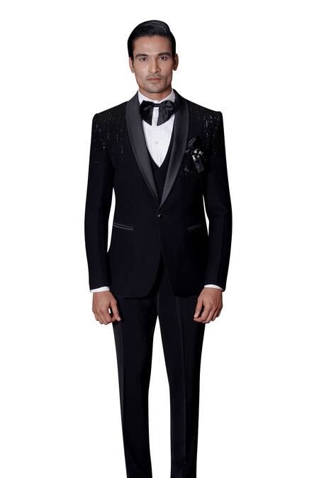 Archana Kochhar_Black Wool, Silk, Cotton Beads, Cut Work, Stones Hand Embroidered Tuxedo Set _Online_at_Aza_Fashions