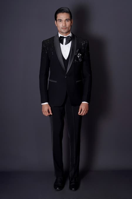 Shop_Archana Kochhar_Black Wool, Silk, Cotton Beads, Cut Work, Stones Hand Embroidered Tuxedo Set _Online_at_Aza_Fashions