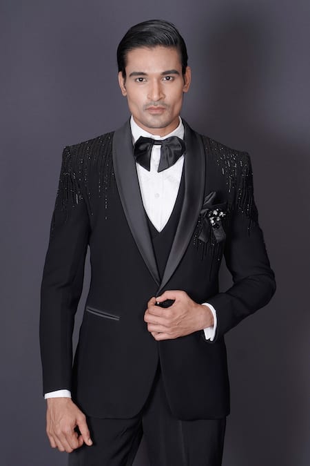 Archana Kochhar_Black Wool, Silk, Cotton Beads, Cut Work, Stones Hand Embroidered Tuxedo Set _at_Aza_Fashions