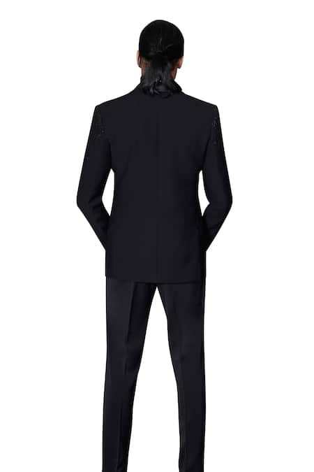Buy_Archana Kochhar_Black Wool, Silk, Cotton Beads, Cut Work, Stones Hand Embroidered Tuxedo Set 