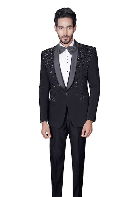 Shop Archana Kochhar Black Wool, Silk Beads, Stones Scattered Embroidered Tuxedo Pant Set Online at Aza Fashions Shop_Archana Kochhar_Black Wool, Silk Beads, Stones Scattered Embroidered Tuxedo Pant Set _Online_at_Aza_Fashions