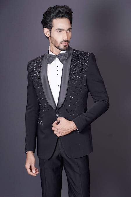 Archana Kochhar Black Wool, Silk Beads, Stones Scattered Embroidered Tuxedo Pant Set at Aza Fashions Archana Kochhar_Black Wool, Silk Beads, Stones Scattered Embroidered Tuxedo Pant Set _at_Aza_Fashions