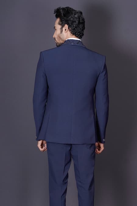 Archana Kochhar Navy Blue Hand Embroidered Tuxedo Set 