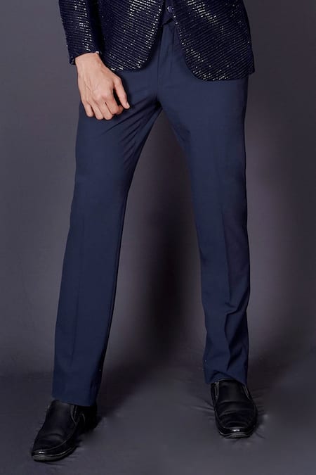 Archana Kochhar Navy Wool, Silk, Cotton, Satin Beads, Cut Blue Linear Embroidered Tuxedo Set Online at Aza Fashions Archana Kochhar_Navy Wool, Silk, Cotton, Satin Beads, Cut Blue Linear Embroidered Tuxedo Set _Online_at_Aza_Fashions