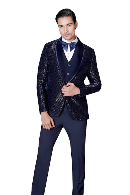Buy Archana Kochhar Navy Wool, Silk, Cotton, Satin Beads, Cut Blue Linear Embroidered Tuxedo Set Online at Aza Fashions Buy_Archana Kochhar_Navy Wool, Silk, Cotton, Satin Beads, Cut Blue Linear Embroidered Tuxedo Set _Online_at_Aza_Fashions