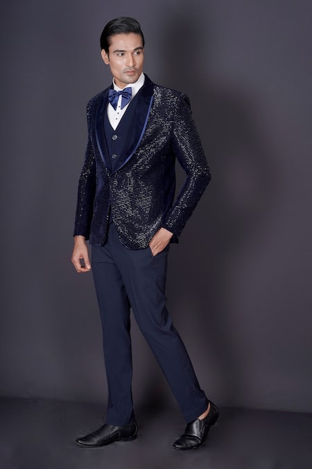 Shop Archana Kochhar Navy Wool, Silk, Cotton, Satin Beads, Cut Blue Linear Embroidered Tuxedo Set Online at Aza Fashions Shop_Archana Kochhar_Navy Wool, Silk, Cotton, Satin Beads, Cut Blue Linear Embroidered Tuxedo Set _Online_at_Aza_Fashions