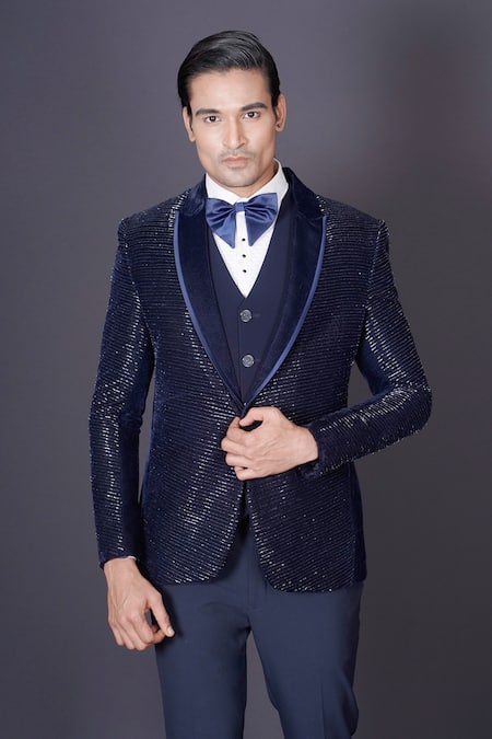Archana Kochhar Navy Wool, Silk, Cotton, Satin Beads, Cut Blue Linear Embroidered Tuxedo Set at Aza Fashions Archana Kochhar_Navy Wool, Silk, Cotton, Satin Beads, Cut Blue Linear Embroidered Tuxedo Set _at_Aza_Fashions