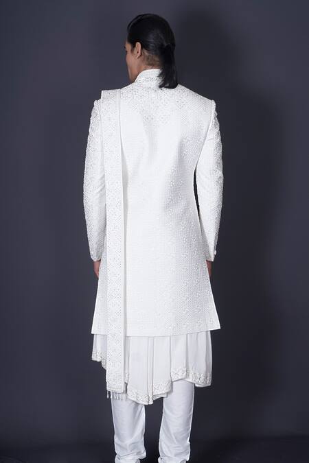 Archana Kochhar_Ivory Silk Sequins, Cut Work, Stones Embroidered Sherwani _Online_at_Aza_Fashions