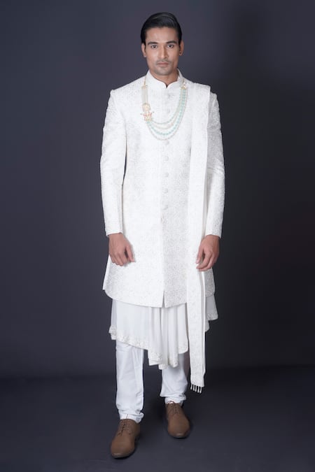 Buy_Archana Kochhar_Ivory Silk Sequins, Cut Work, Stones Embroidered Sherwani _Online_at_Aza_Fashions
