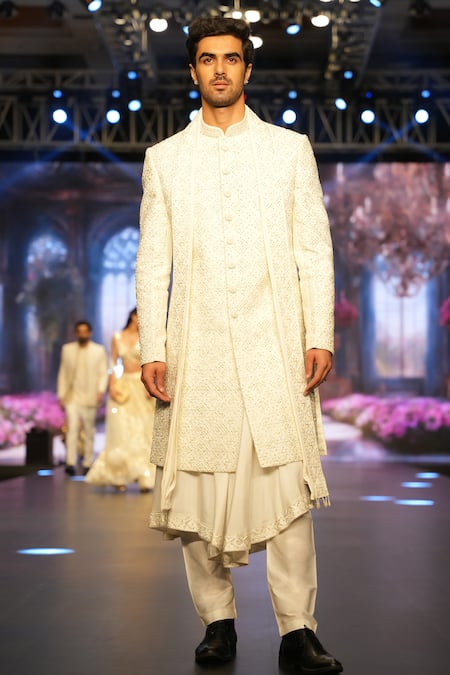 Shop_Archana Kochhar_Ivory Silk Sequins, Cut Work, Stones Embroidered Sherwani _Online_at_Aza_Fashions