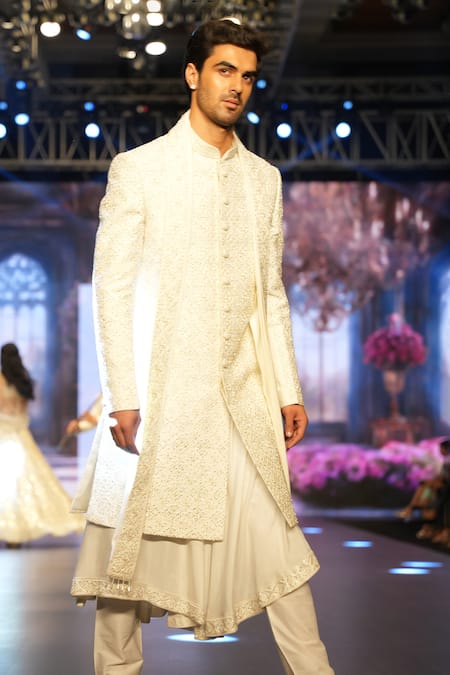 Archana Kochhar_Ivory Silk Sequins, Cut Work, Stones Embroidered Sherwani _at_Aza_Fashions