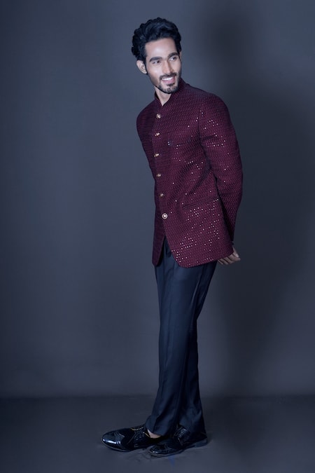 Archana Kochhar_Maroon Handloom Cotton Sequins, Embroidery Self Thread Bandhgala And Pant Set _Online_at_Aza_Fashions