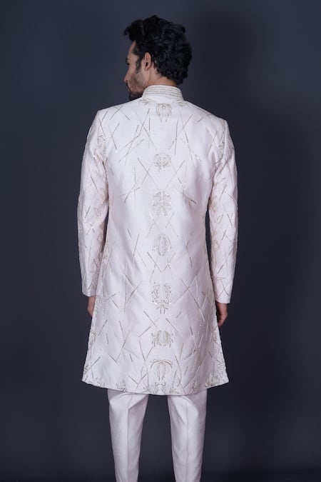 Shop Archana Kochhar Pink Silk Cut Work, Sequins, Pearls Hand Embroidered Raw Sherwani Set at Aza Fashions Shop_Archana Kochhar_Pink Silk Cut Work, Sequins, Pearls Hand Embroidered Raw Sherwani Set _at_Aza_Fashions