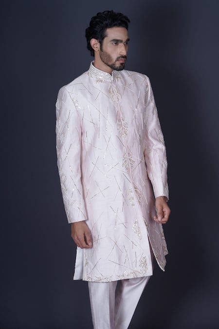 Archana Kochhar Pink Silk Cut Work, Sequins, Pearls Hand Embroidered Raw Sherwani Set Online at Aza Fashions Archana Kochhar_Pink Silk Cut Work, Sequins, Pearls Hand Embroidered Raw Sherwani Set _Online_at_Aza_Fashions