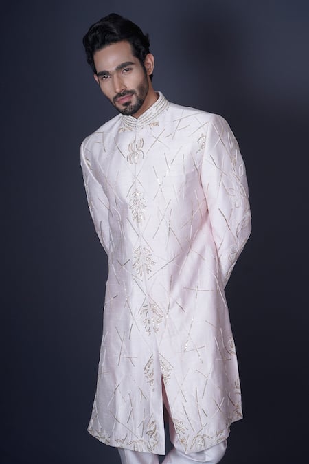 Buy Archana Kochhar Pink Silk Cut Work, Sequins, Pearls Hand Embroidered Raw Sherwani Set Online at Aza Fashions Buy_Archana Kochhar_Pink Silk Cut Work, Sequins, Pearls Hand Embroidered Raw Sherwani Set _Online_at_Aza_Fashions