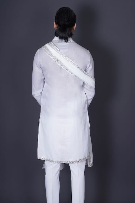 Shop_Archana Kochhar_Ivory Linen, Silk, Cotton Mirrors Ombre Embroidered Kurta Set _at_Aza_Fashions