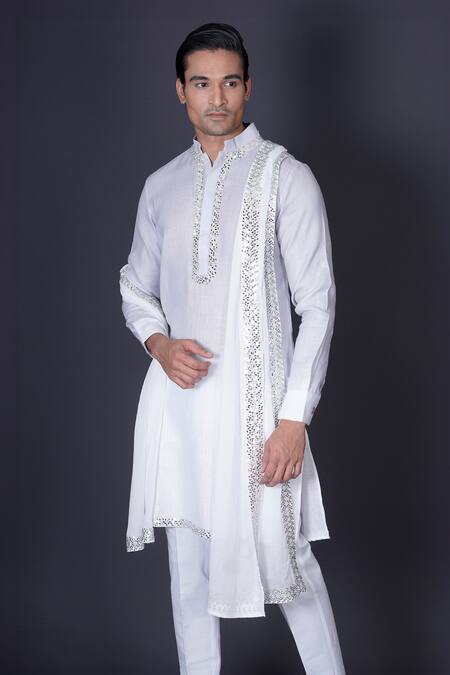Archana Kochhar_Ivory Linen, Silk, Cotton Mirrors Ombre Embroidered Kurta Set _Online_at_Aza_Fashions