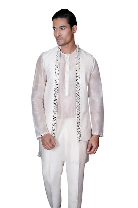 Archana Kochhar Ivory Silk, Organza Mirrors Work Bundi And Kurta Set Online at Aza Fashions Archana Kochhar_Ivory Silk, Organza Mirrors Work Bundi And Kurta Set _Online_at_Aza_Fashions