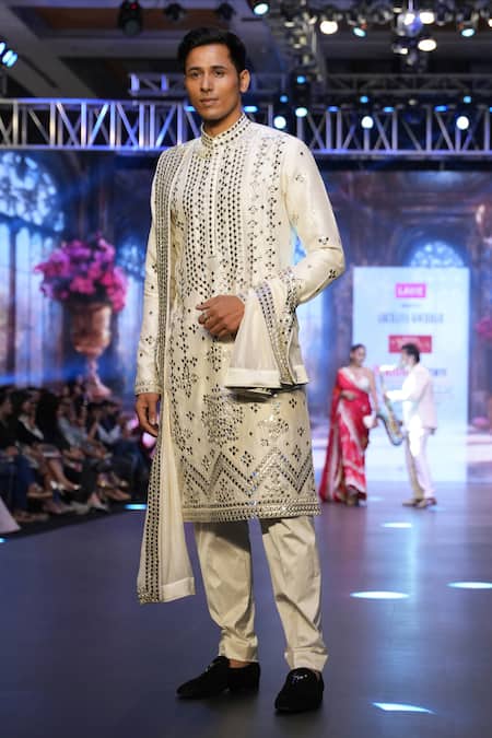 Shop Archana Kochhar Ivory Silk, Cotton Satin Embroidery Mirror Work Embellished Kurta Set at Aza Fashions Shop_Archana Kochhar_Ivory Silk, Cotton Satin Embroidery Mirror Work Embellished Kurta Set _at_Aza_Fashions