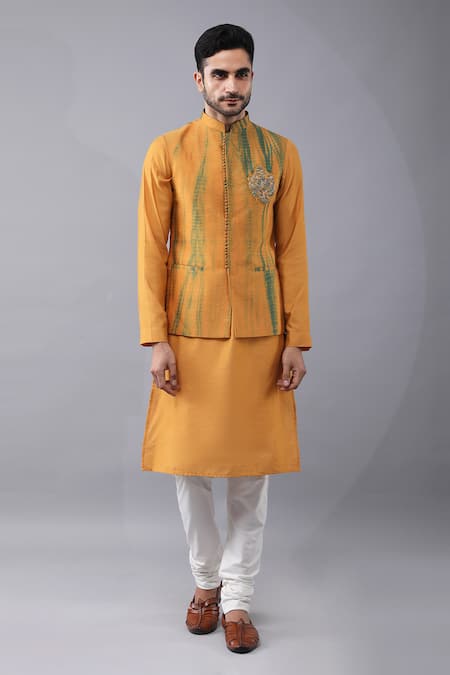 Manish Nagdeo Yellow Silk, Cotton Embroidery Mustard Bundi Kurta Set at Aza Fashions Manish Nagdeo_Yellow Silk, Cotton Embroidery Mustard Bundi Kurta Set _at_Aza_Fashions