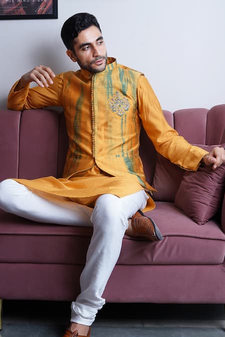 Buy Manish Nagdeo Yellow Silk, Cotton Embroidery Mustard Bundi Kurta Set Buy_Manish Nagdeo_Yellow Silk, Cotton Embroidery Mustard Bundi Kurta Set