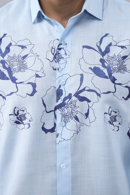 Shop_Manish Nagdeo_Blue Cotton Blend Printed Floral Shirt _Online_at_Aza_Fashions