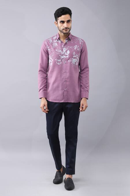Manish Nagdeo Purple Cotton Embroidery Placement Floral Print Shirt Online at Aza Fashions Manish Nagdeo_Purple Cotton Embroidery Placement Floral Print Shirt _Online_at_Aza_Fashions
