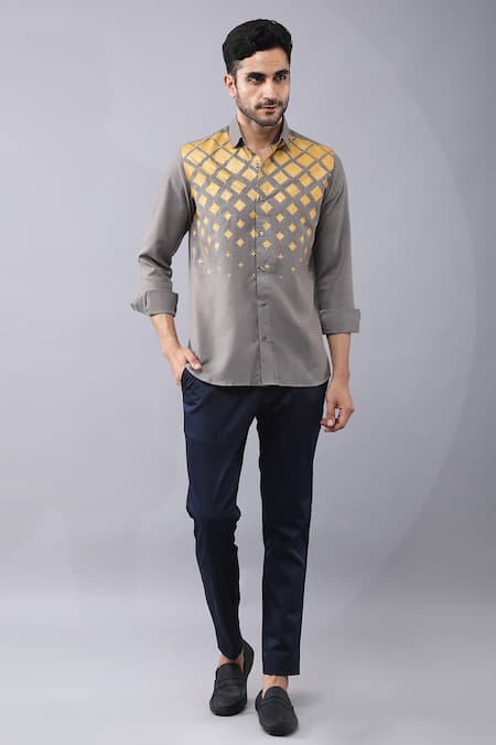 Manish Nagdeo Grey Cotton Blend Printed Abstract Placement Shirt 