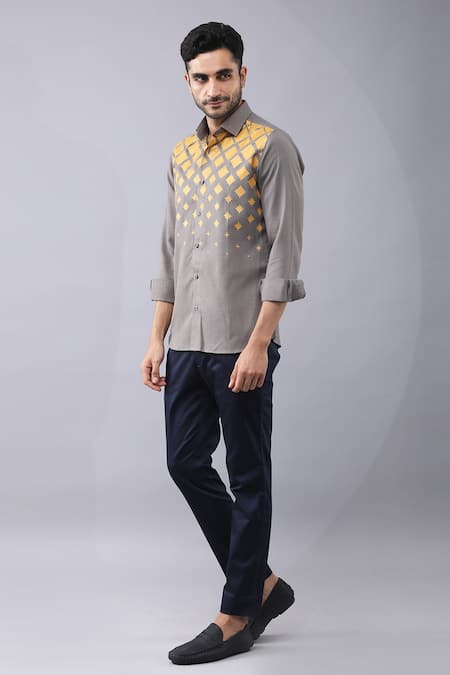 Manish Nagdeo Grey Cotton Placement Abstract Print Shirt Online at Aza Fashions Manish Nagdeo_Grey Cotton Placement Abstract Print Shirt _Online_at_Aza_Fashions