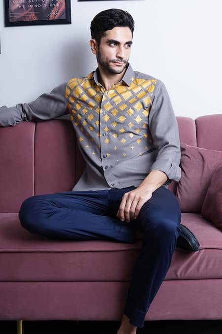 Manish Nagdeo Grey Cotton Placement Abstract Print Shirt at Aza Fashions Manish Nagdeo_Grey Cotton Placement Abstract Print Shirt _at_Aza_Fashions